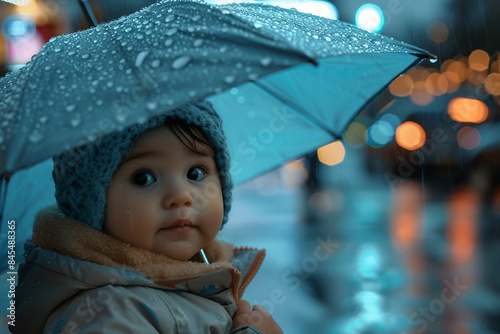 Fototapeta Naklejka Na Ścianę i Meble -  Cute small baby walk in rainy weather city streets generative AI
