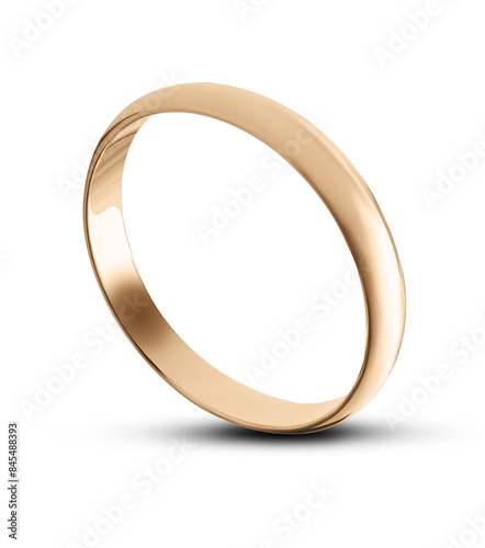 Gold ring on a white background. Isolation. Yellow gold engagement ring. Top view. 