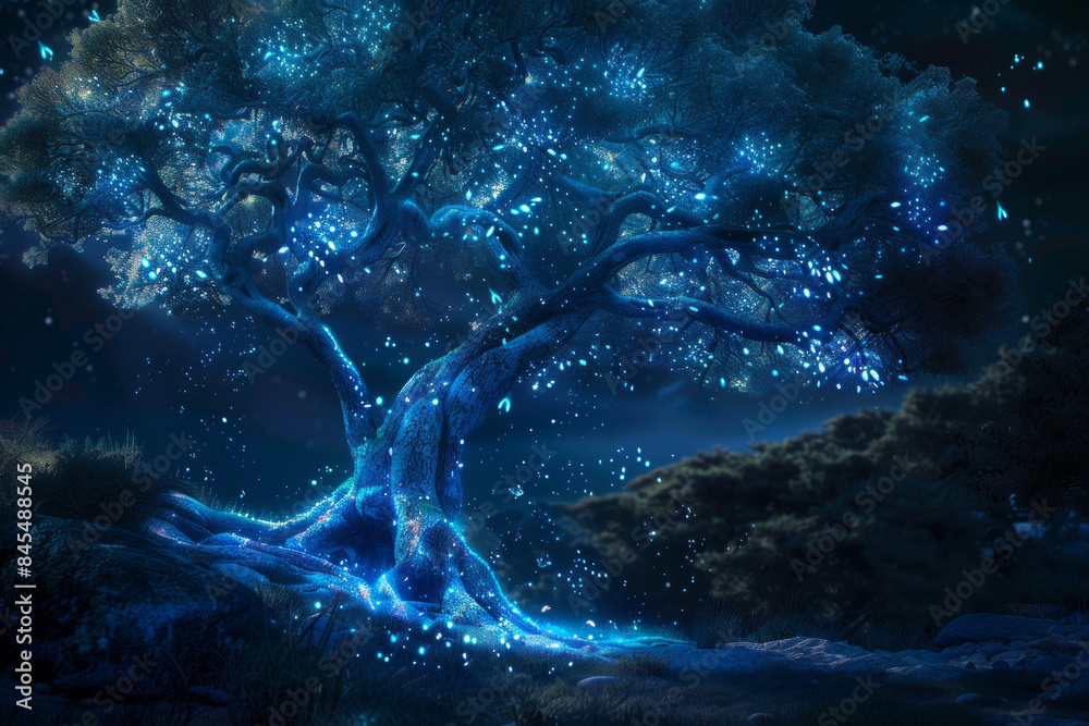 Obraz premium A tree in a moonlit forest with bioluminescent leaves, representing a magical, otherworldly enchantment.