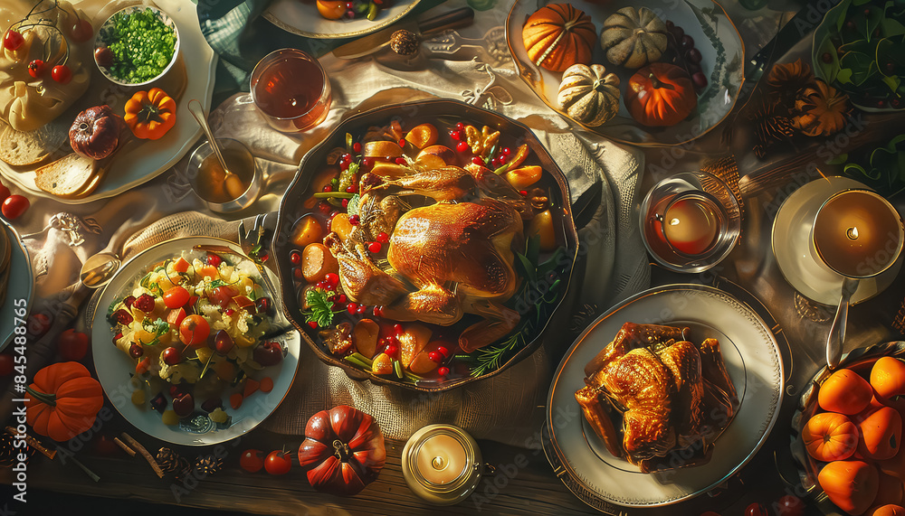 A table full of food with a turkey in the center A table full of food with a turkey in the center
