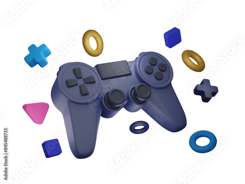 3D illustration of a game controller with floating geometric shapes on a transparent background.