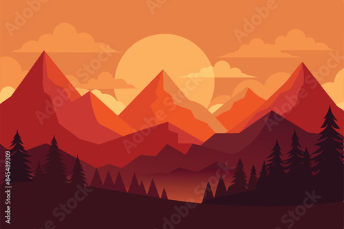 Beautiful vector landscape of mountains and forests at sunset. Amazing sunset over the mountains. Warm rays of the sun illustration