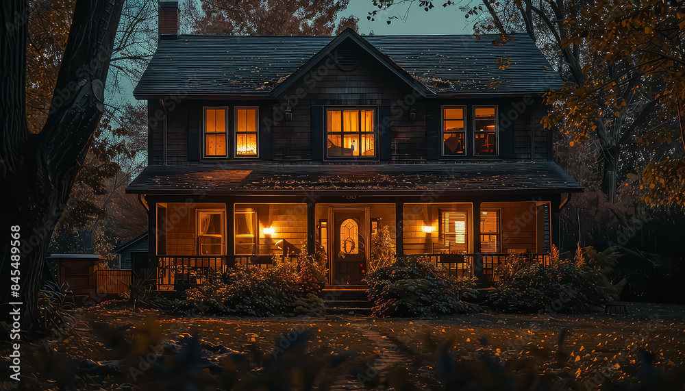 Fototapeta premium A house with a porch lit up with lights and a pumpkin on the porch