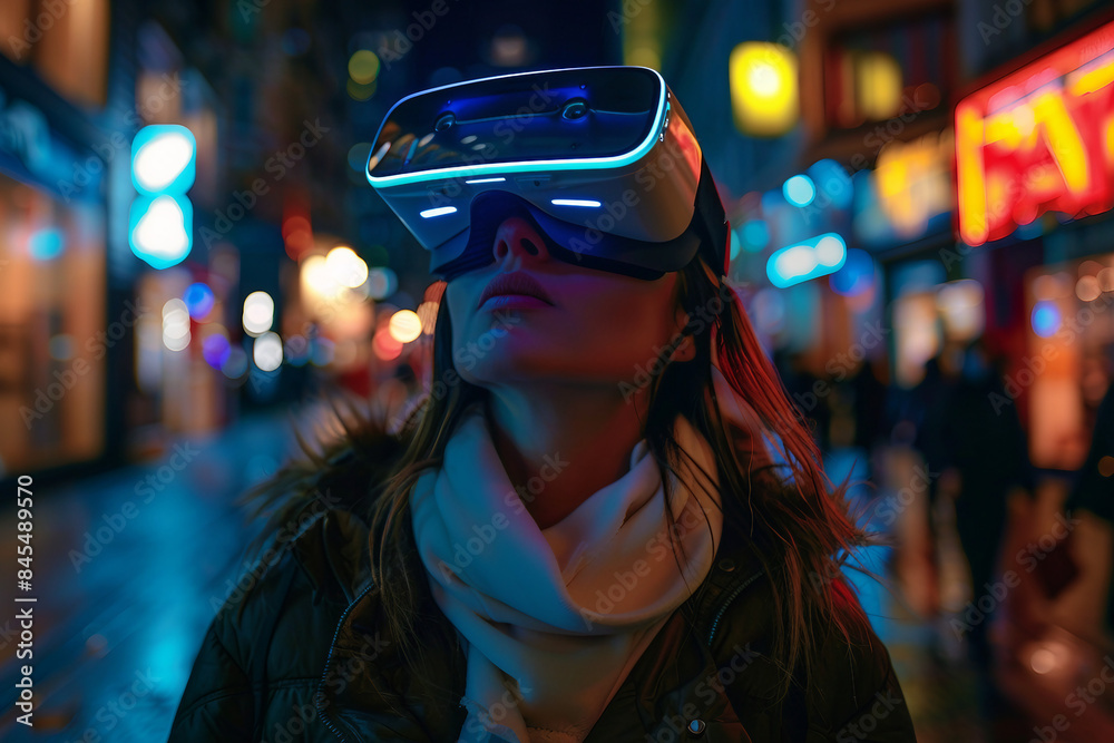 Person in vr virtual reality goggles visiting metaverse gaming world tech addicted, Generative AI Person in vr virtual reality goggles visiting metaverse gaming world tech addicted, Generative AI