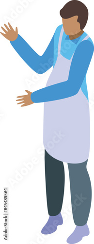 Young supermarket employee wearing a white apron is gesturing with both hands