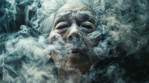 A woman with white hair is looking at the camera while smoke surrounds her © jr-art