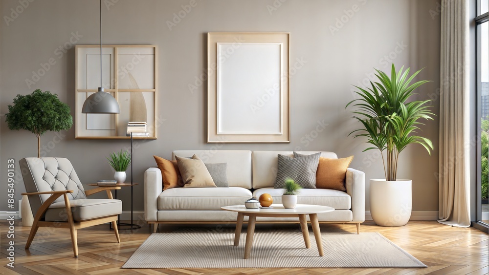 Frame mockup, ISO A paper size. Living room wall poster mockup. Modern interior design. 3D render Frame mockup, ISO A paper size. Living room wall poster mockup. Modern interior design. 3D render
