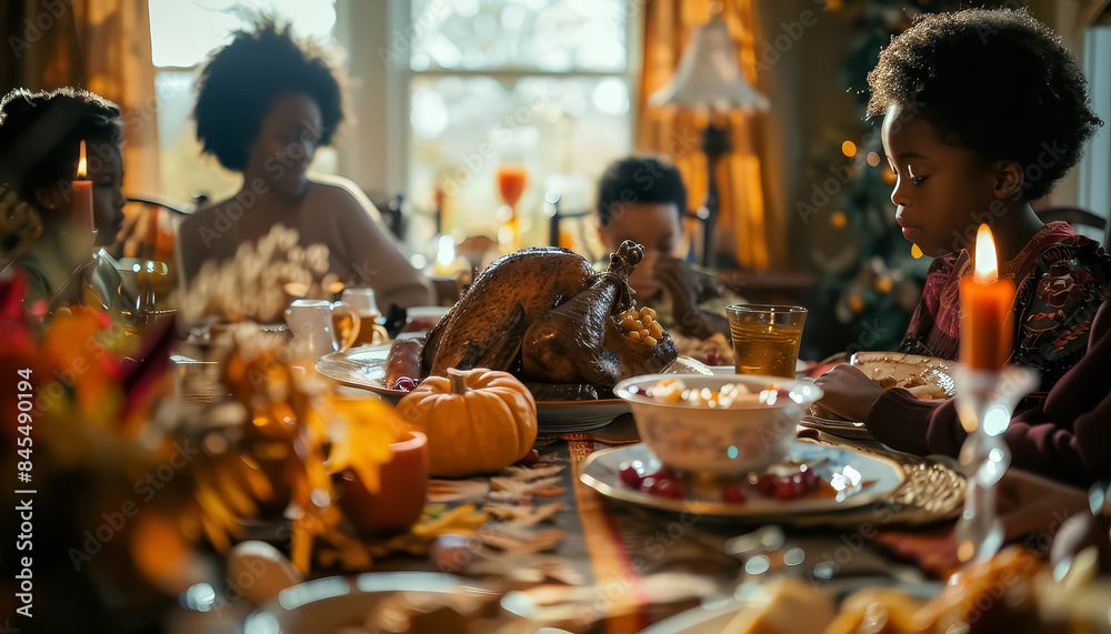 A family is gathered around a table with a turkey and a variety of food A family is gathered around a table with a turkey and a variety of food