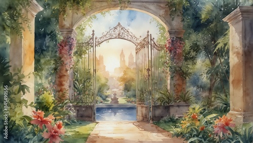 A picture of a paradise garden, full of flowers and plants, made with water paints © Konrad