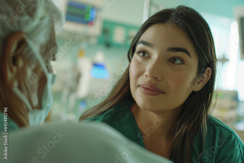 Nurse hospital health services, smiling nurse caring for the aged granny grandpa, Generative AI picture