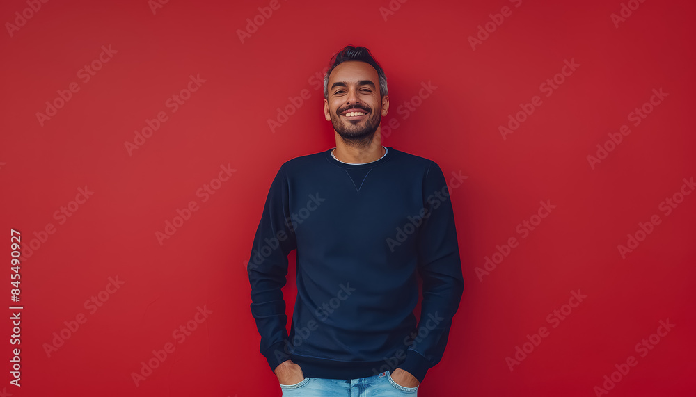 A man is smiling and standing in front of a red wall A man is smiling and standing in front of a red wall