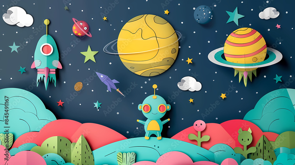 Space posters cartoon alien characters spaceship,paper style Space posters cartoon alien characters spaceship,paper style