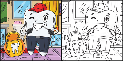 Dental Care Tooth and Floss Coloring Illustration