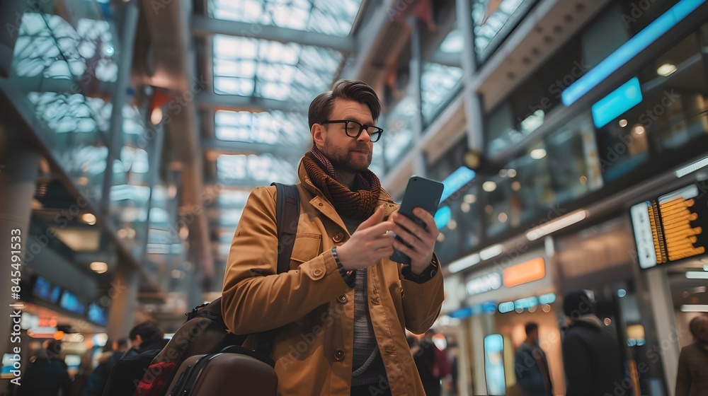 Business Traveler Communicating with Translation App at Foreign Airport Terminal Business Traveler Communicating with Translation App at Foreign Airport Terminal