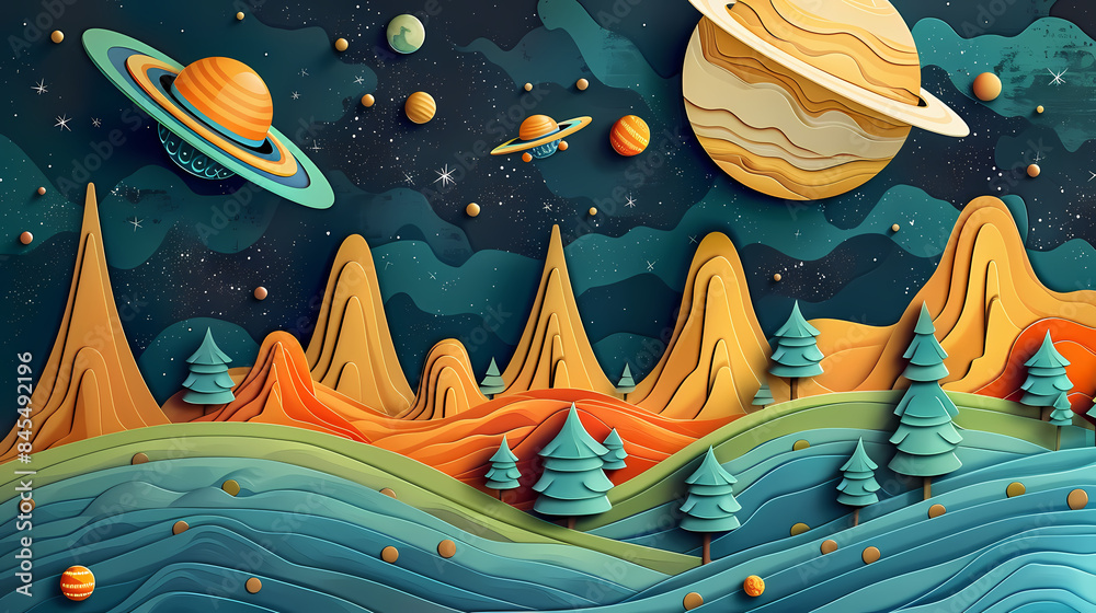 Naklejka premium Space posters cartoon alien characters spaceship,paper style