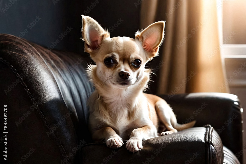 Cute Chihuahua dog on dark sofa in cozy home living room. Portrait doggy Chihuahua. Concept pet love and family friend