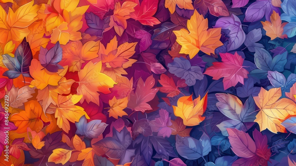 Vibrant autumn leaves in multicolored hues of red, orange, yellow, and purple create an abstract, seasonal background perfect for fall-themed projects. Vibrant autumn leaves in multicolored hues of red, orange, yellow, and purple create an abstract, seasonal background perfect for fall-themed projects.