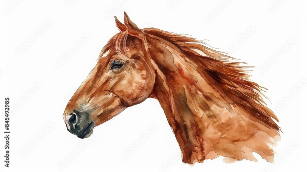 Obraz premium Watercolor painting of a brown horse head with flowing mane on a white background, showcasing animal beauty and artistic skill.