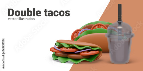 Double tacos. Promotional banner in realistic style. Two portions of hot fast food