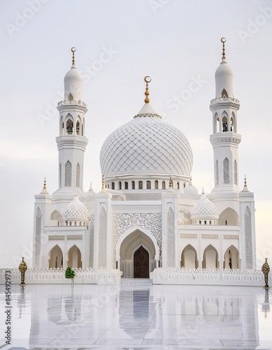 Calligraphic illustration of Eid al-Adha and Eid Mubarak featuring a 3D mosque and lanterns on a white background., generative ai