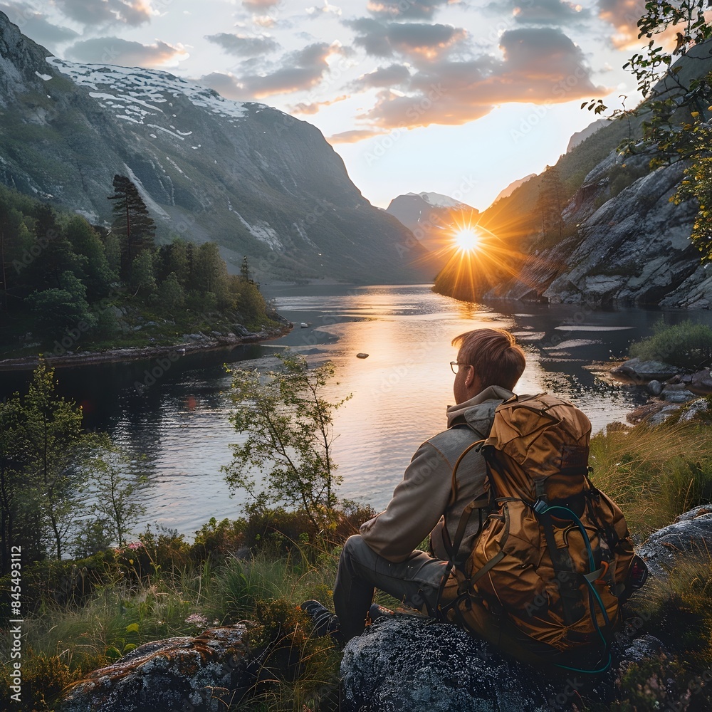 Naklejka premium Hiking and Camping Under the Midnight Sun in Norway s Stunning Fjords