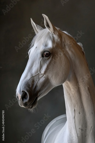 Close-up portrait of a regal white Arabian horse in a dark setting, highlighting its sharp gaze and fine facial features © Truprint