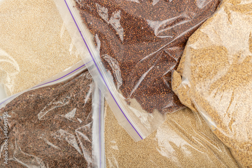 Cereals and grains in transparent plastic bags