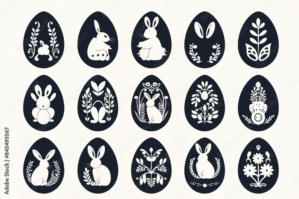 Set of colorful flat design doodle Happy Easter Eggs vector illustrations of bunnies, rabbits icons, decorated with flowers Set of colorful flat design doodle Happy Easter Eggs vector illustrations of bunnies, rabbits icons, decorated with flowers