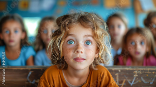 A young girl with curly blonde hair gazes upwards with wonder in her eyes, surrounded by her classmates