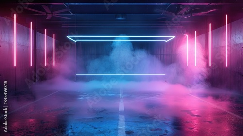 Abstract frozen hockey ice rink with smoke on dark background  studio room with neon lights and spotlights