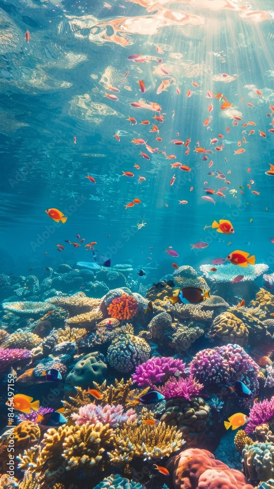 Naklejka premium A vibrant coral reef teeming with colorful fish, sunlight dappling through the crystal-clear water