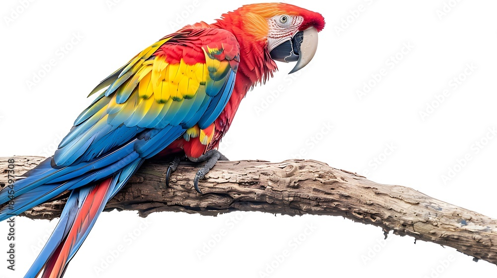Fototapeta premium A vibrant parrot perched on a branch. The parrot is multicolored with a bright yellow head, a red body, and blue wings.