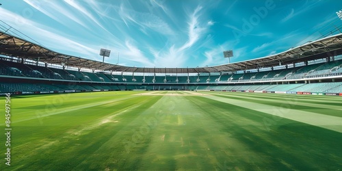 Empty cricket stadium with round open stands green field no competitions. Concept Sports, Cricket, Stadium, Empty, No Competitions