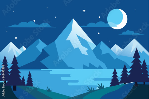 Beautiful winter landscape. Moon over mountains  forest and lake in snowy weather vector illustration