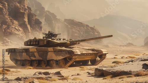 An Military tank M1 Abrams camouflaged in desert colors, blending seamlessly with the rocky terrain The tank lies in ambush photo