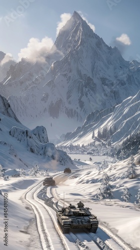 An Military tank M1 Abrams leading a military convoy through a snowy mountain valley