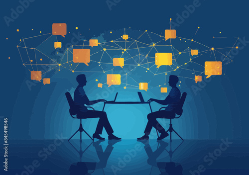 Managers Discuss Virtual Messages in Concept Illustration, Business Meeting with Network Connections, Minimalistic Vector Art for Corporate Communication Themes