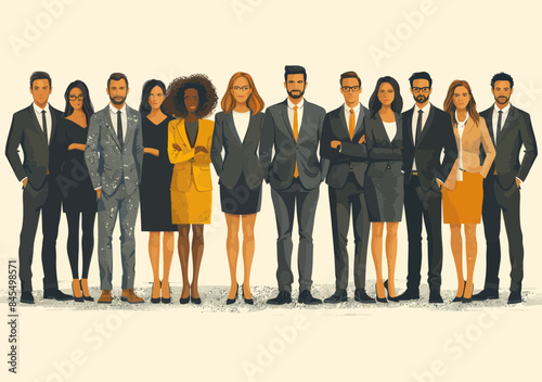 Diverse Business Team in Formal Attire Standing Together - Professionals Collaboration - Minimalistic Vector Illustration