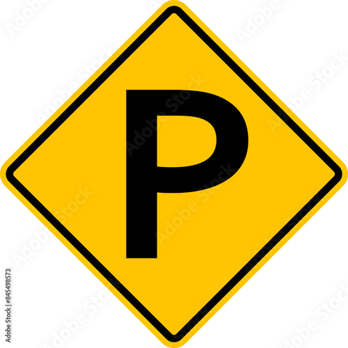 Parking sign. Places where car parking is permitted. The parking sign helps drivers find parking zones. Diamond road sign. Rhombus road sign. Warning yellow road sign.