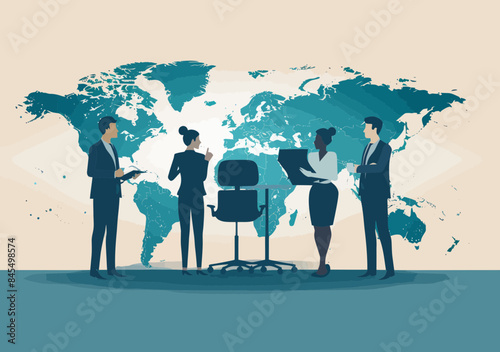 Business Team Discussing Global Trade and Investment Strategy in Front of World Map - Minimalistic Vector Illustration
