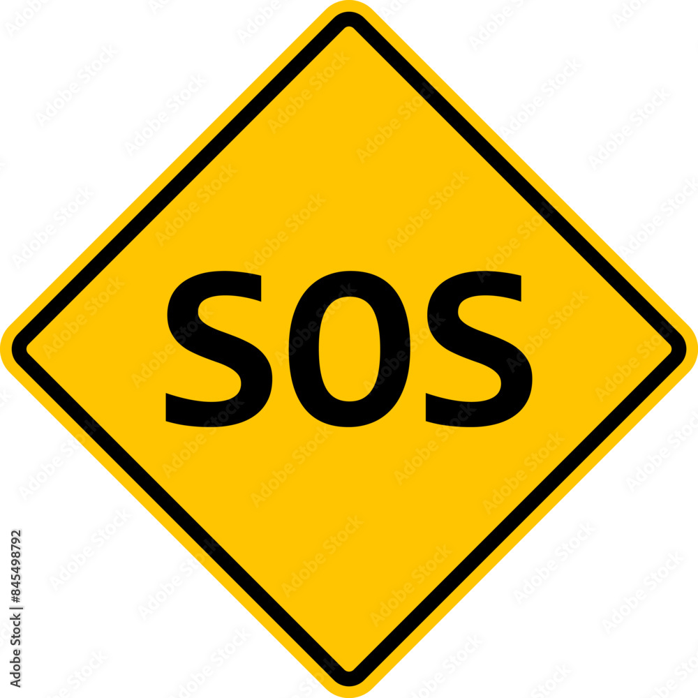 SOS sign. SOS is an international distress signal. Warning yellow road sign about danger. Call the rescue service. Diamond road sign. Rhombus road sign. SOS sign. SOS is an international distress signal. Warning yellow road sign about danger. Call the rescue service. Diamond road sign. Rhombus road sign.