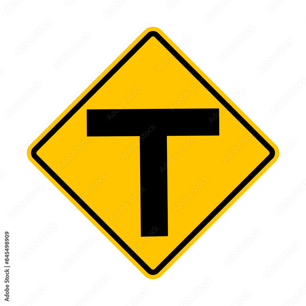 Unregulated intersection with an adjacent road. T shaped intersection. Road merge sign. Road junction. A junction where one street or road intersects another. Diamond road sign. Warning yellow sign. Unregulated intersection with an adjacent road. T shaped intersection. Road merge sign. Road junction. A junction where one street or road intersects another. Diamond road sign. Warning yellow sign.