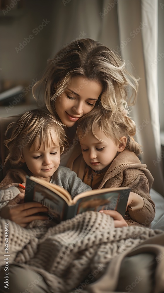 A Cozy Bedtime Moment Mother Reading to Her Captivated Children A Cozy Bedtime Moment Mother Reading to Her Captivated Children