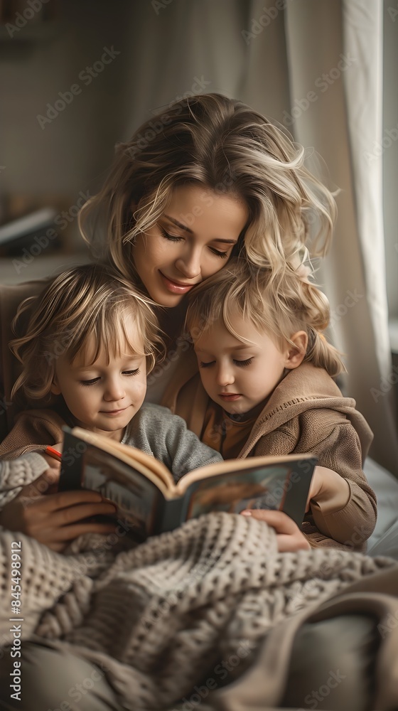 A Cozy Bedtime Moment   Mother Reading to Her Captivated Children