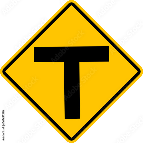 Unregulated intersection with an adjacent road. T shaped intersection. Road merge sign. Road junction. A junction where one street or road intersects another. Diamond road sign. Warning yellow sign.