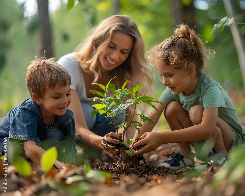 Mother and Kids Planting a Tree in the Garden Discussing Nature and Happiness Mother and Kids Planting a Tree in the Garden Discussing Nature and Happiness