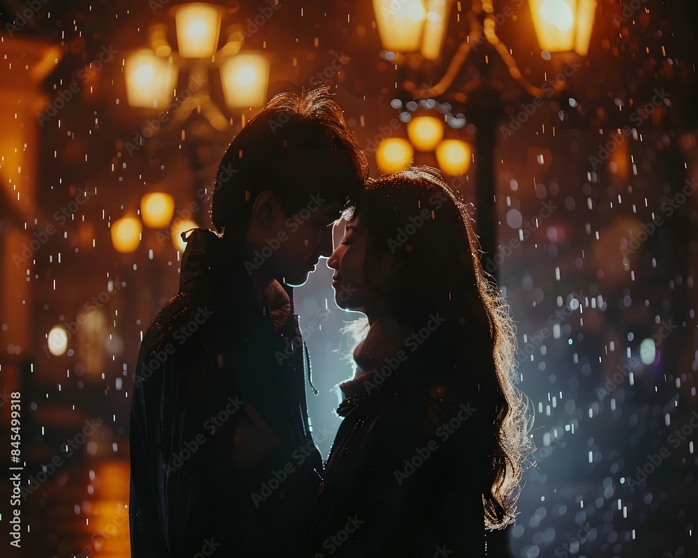 Intimate Embrace Under the Glow of a Streetlamp on a Rainy Evening Cityscape Intimate Embrace Under the Glow of a Streetlamp on a Rainy Evening Cityscape