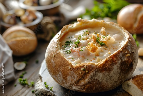 Close-Up Delicious Bowl Of Creamy Clam Chowder Served In A Bread Bowl In Food Restaurant Interior, Food Photography, Food Menu Style Photo Image photo