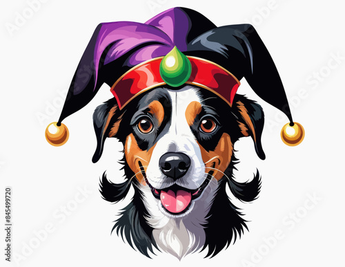 a dog wearing a hat with bells on it's head