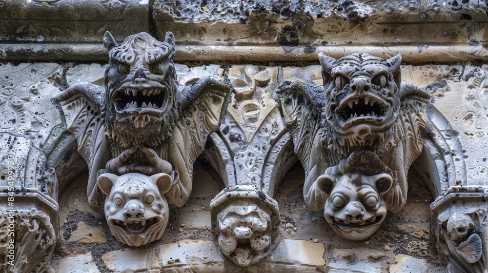 Gargoyles and intricate stonework of an old building, close-up emphasizing their unique forms Gargoyles and intricate stonework of an old building, close-up emphasizing their unique forms